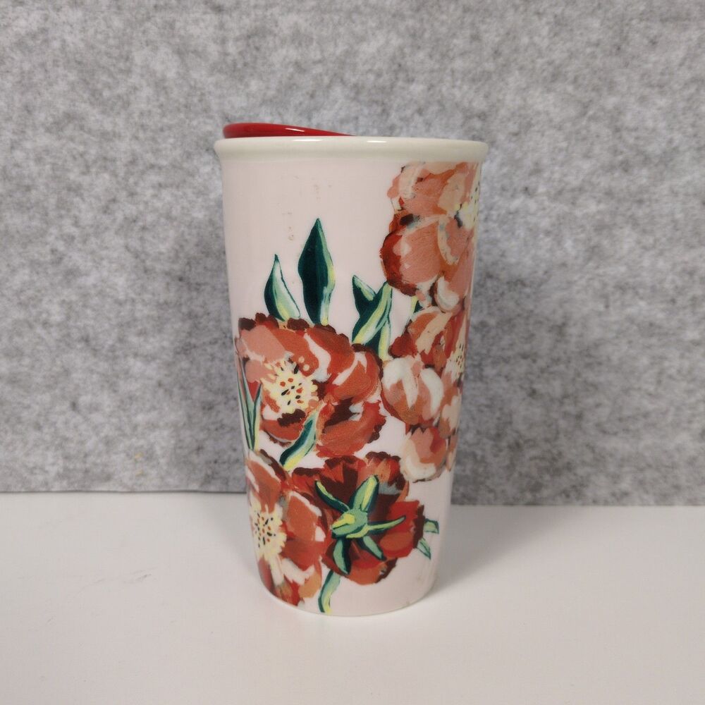 Starbucks Hot Drink Cup Ceramic Travel Tumbler w/ Sip Lid Floral Red Green White